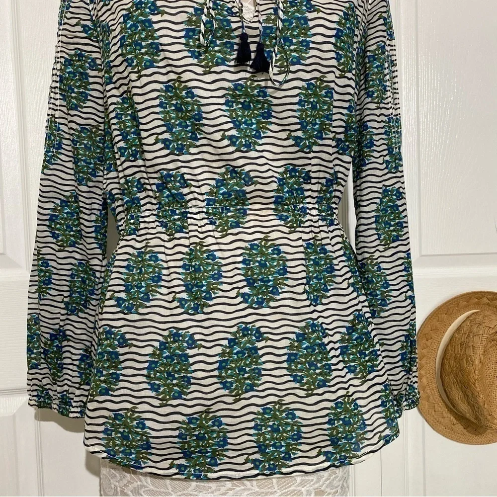 Tory Burch Top white Green Flora Cotton Scoop Neck Keyhole Tunic Elastic waist 6